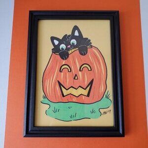 Cute Black Kitten in Jack-O'-Lantern | Framed Original Mixed Media Illustration